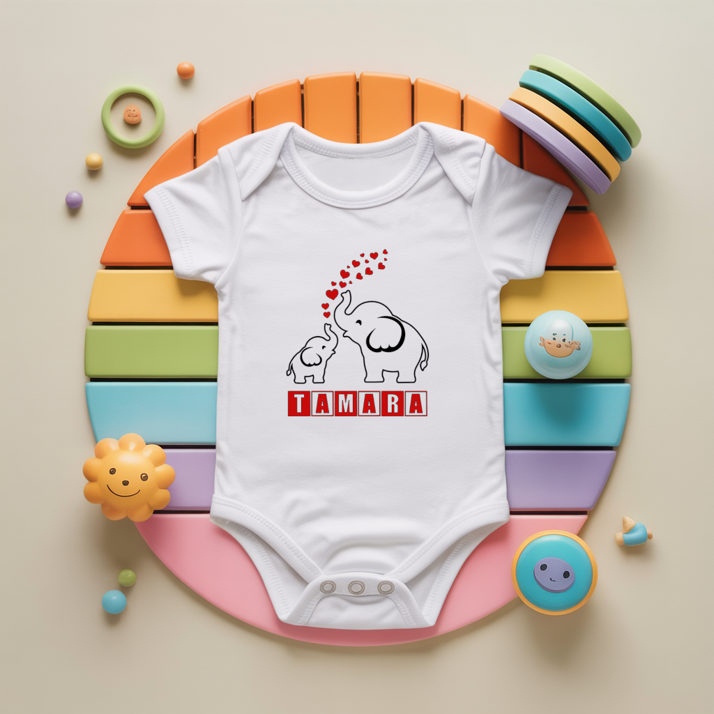 Body bébé personnalisé avec maman éléphant protectrice en coton par flocage - MARJANE et Cie