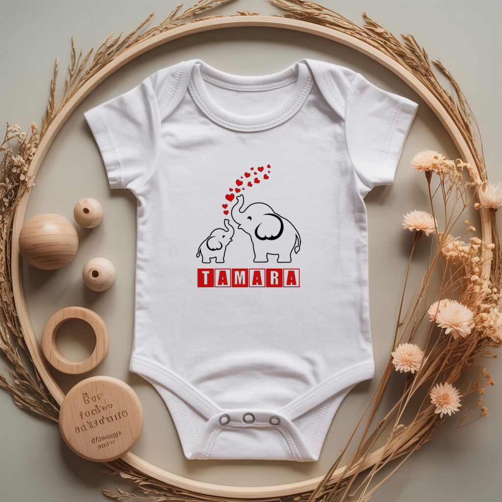 Body bébé personnalisé avec illustration d’une maman éléphant protectrice flocage couleur, cadeau naissance - MARJANE et Cie