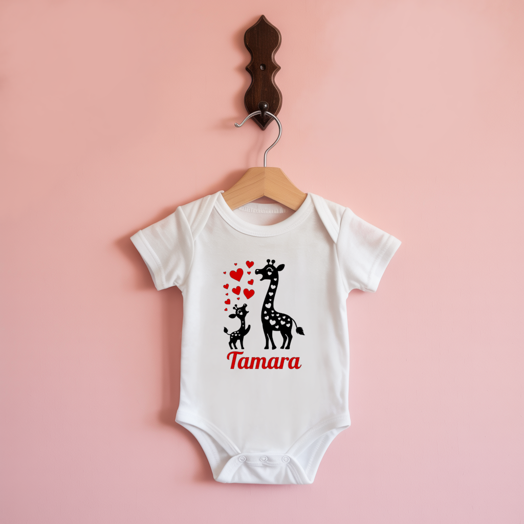 Body bébé personnalisable blanc avec prénom et maman girafe et son petit suspendu - MARJANE et Cie