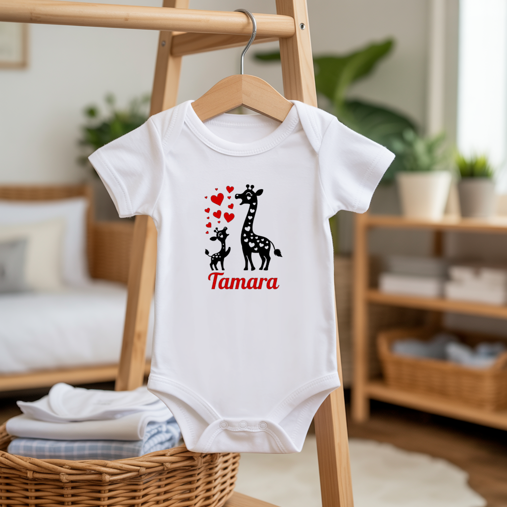 Body bébé personnalisable avec prénom et maman girafe et son petit flocage sur cintre - MARJANE et Cie