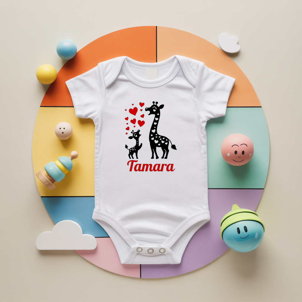 Body bébé personnalisé avec maman girafe et son petit en coton par flocage - MARJANE et Cie