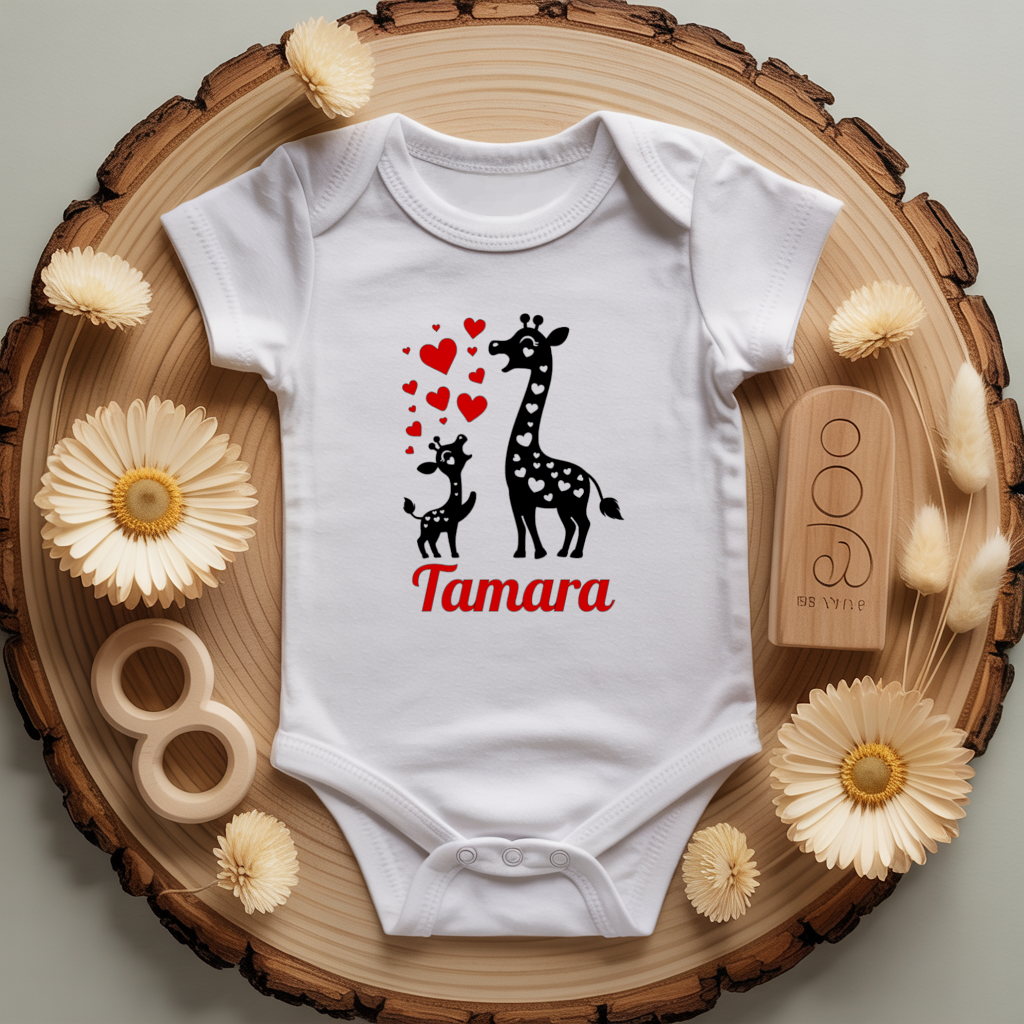 Body bébé personnalisé avec illustration d’une maman girafe et son petit flocage couleur, cadeau naissance - MARJANE et Cie