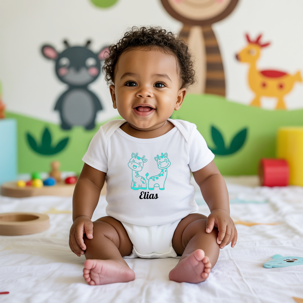 Body bébé personnalisé en coton girafes complices porté par bébé - MARJANE et Cie