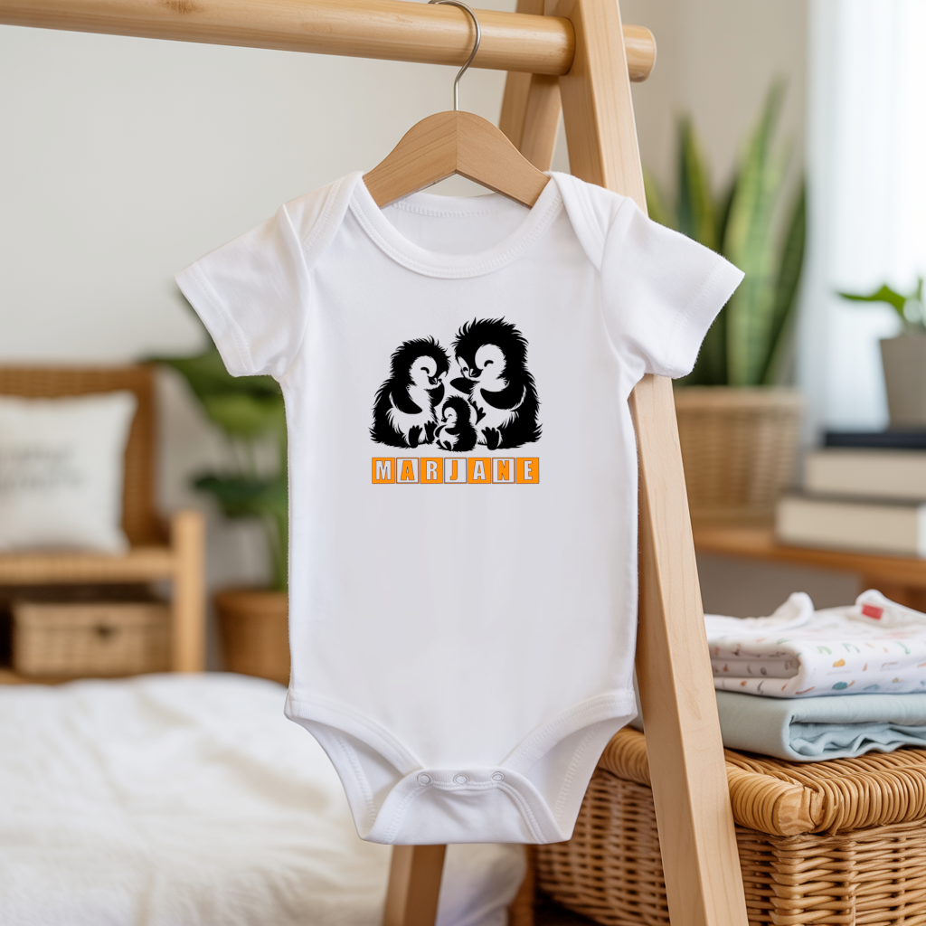 Body bébé personnalisable avec prénom et manchots joyeux flocage sur cintre - MARJANE et Cie