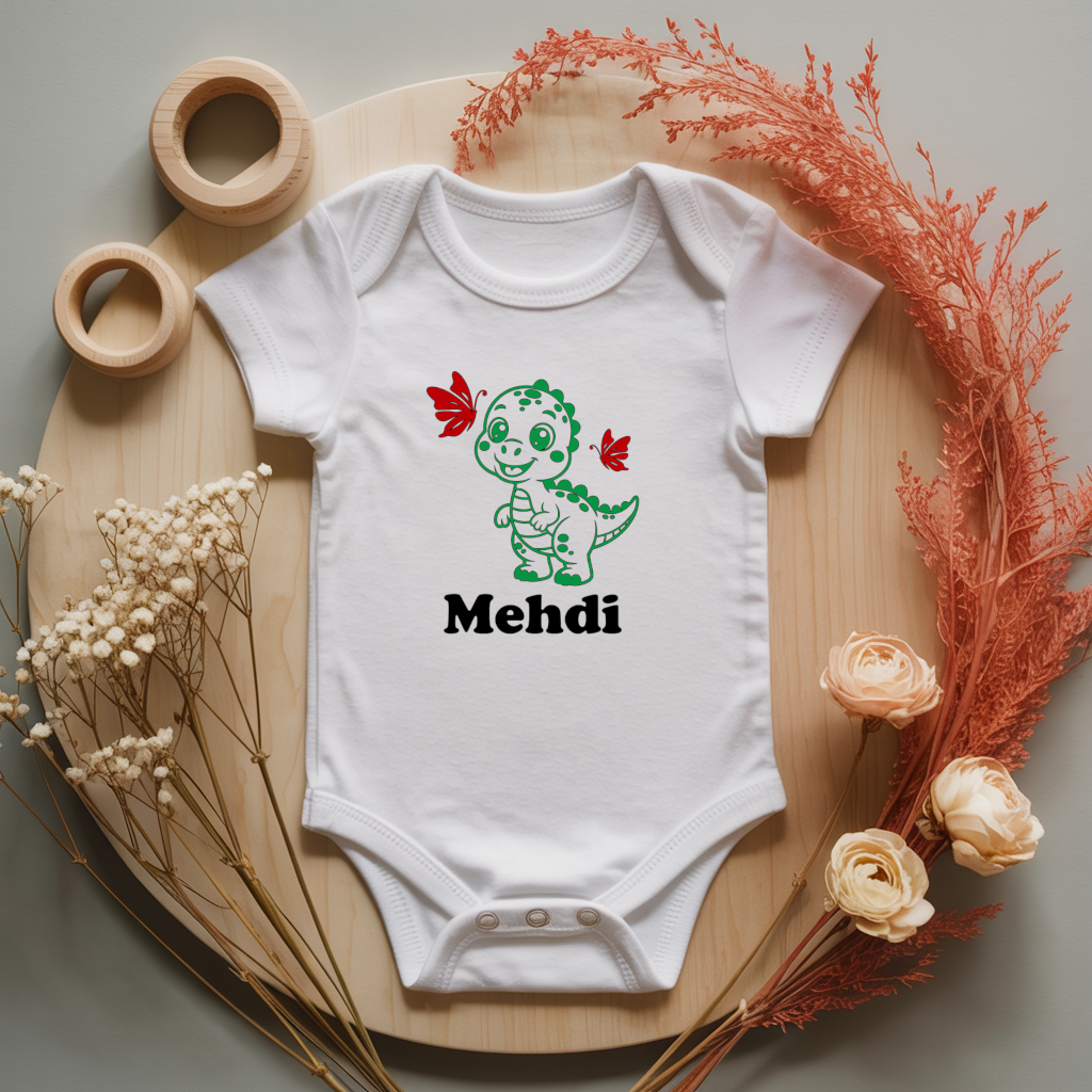 Body bébé personnalisé avec illustration d’un dinosaure explorateur flocage couleur, cadeau naissance - MARJANE et Cie