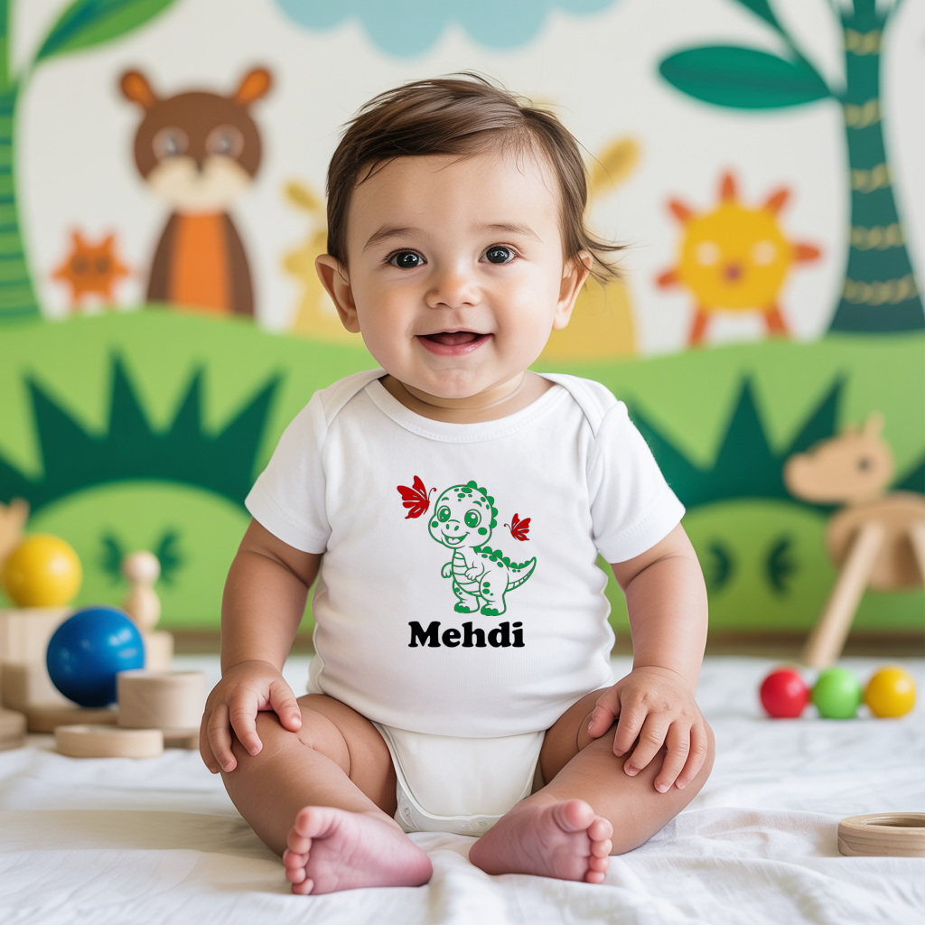 Body bébé personnalisé en coton dinosaure explorateur porté par bébé - MARJANE et Cie