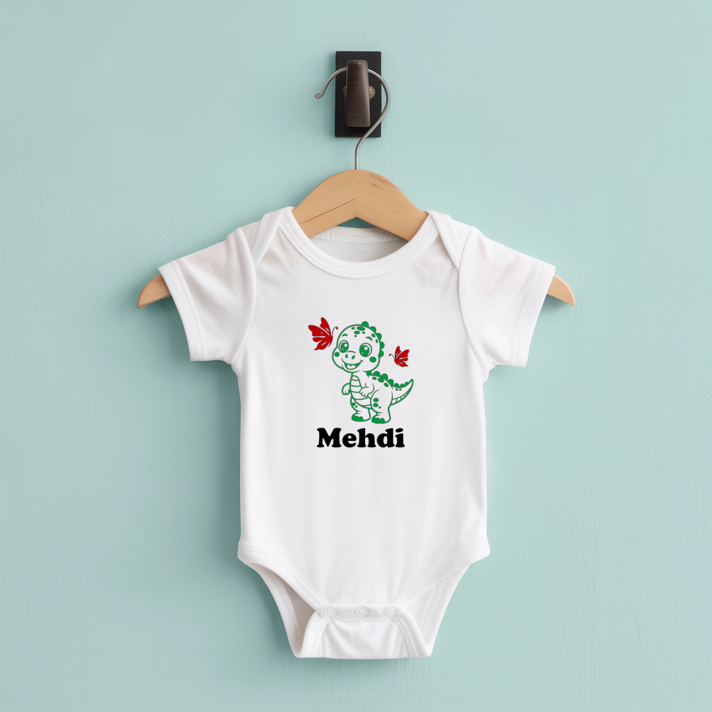 Body bébé personnalisable blanc avec prénom et dinosaure explorateur suspendu - MARJANE et Cie