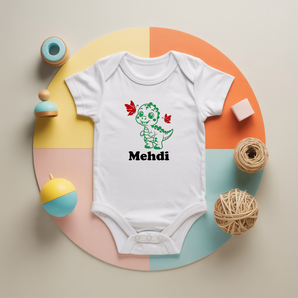 Body bébé personnalisé avec dinosaure explorateur en coton par flocage - MARJANE et Cie
