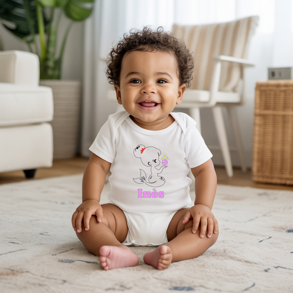 Body bébé personnalisé en coton sirène magique porté par bébé - MARJANE et Cie