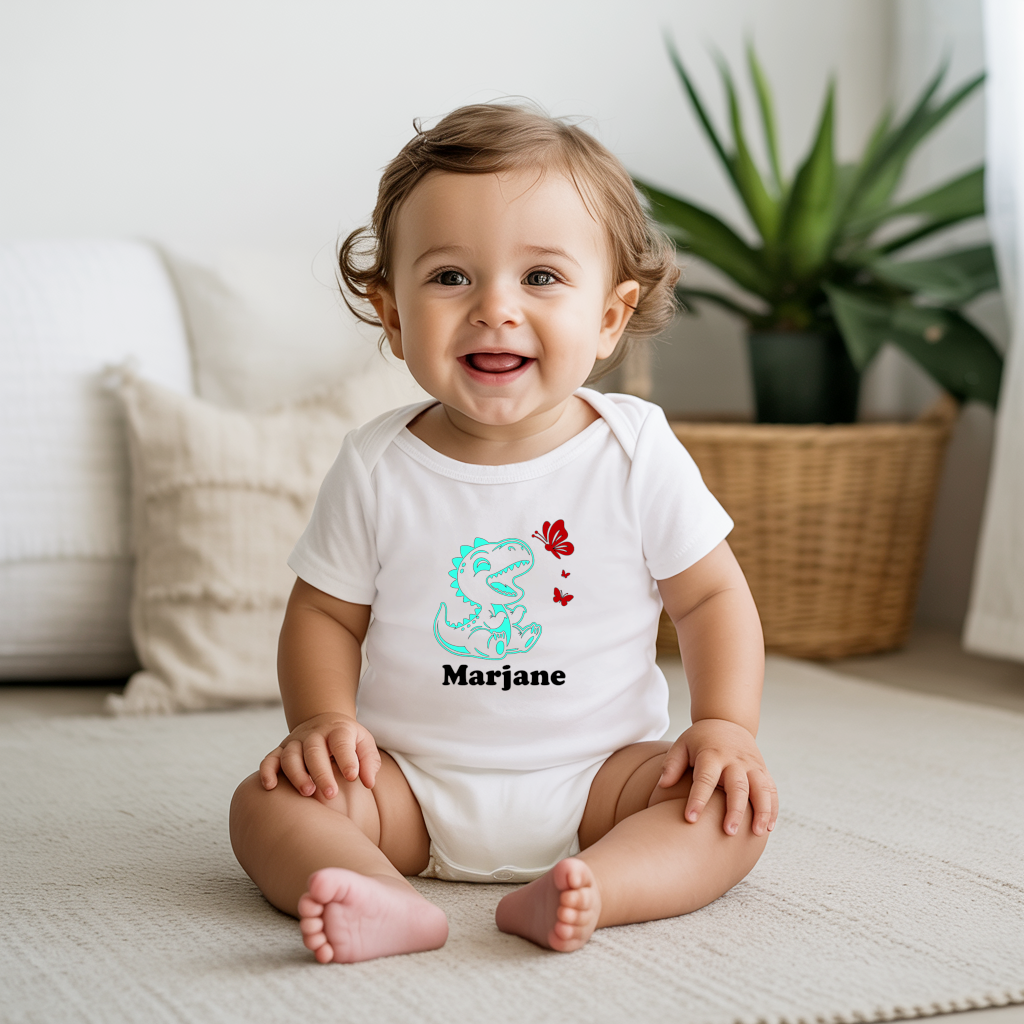 Body bébé personnalisé en coton dinosaure et papillons porté par bébé - MARJANE et Cie