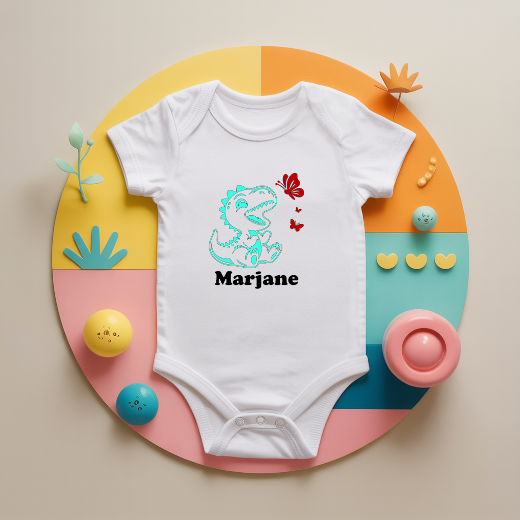 Body bébé personnalisé avec dinosaure et papillons en coton par flocage - MARJANE et Cie