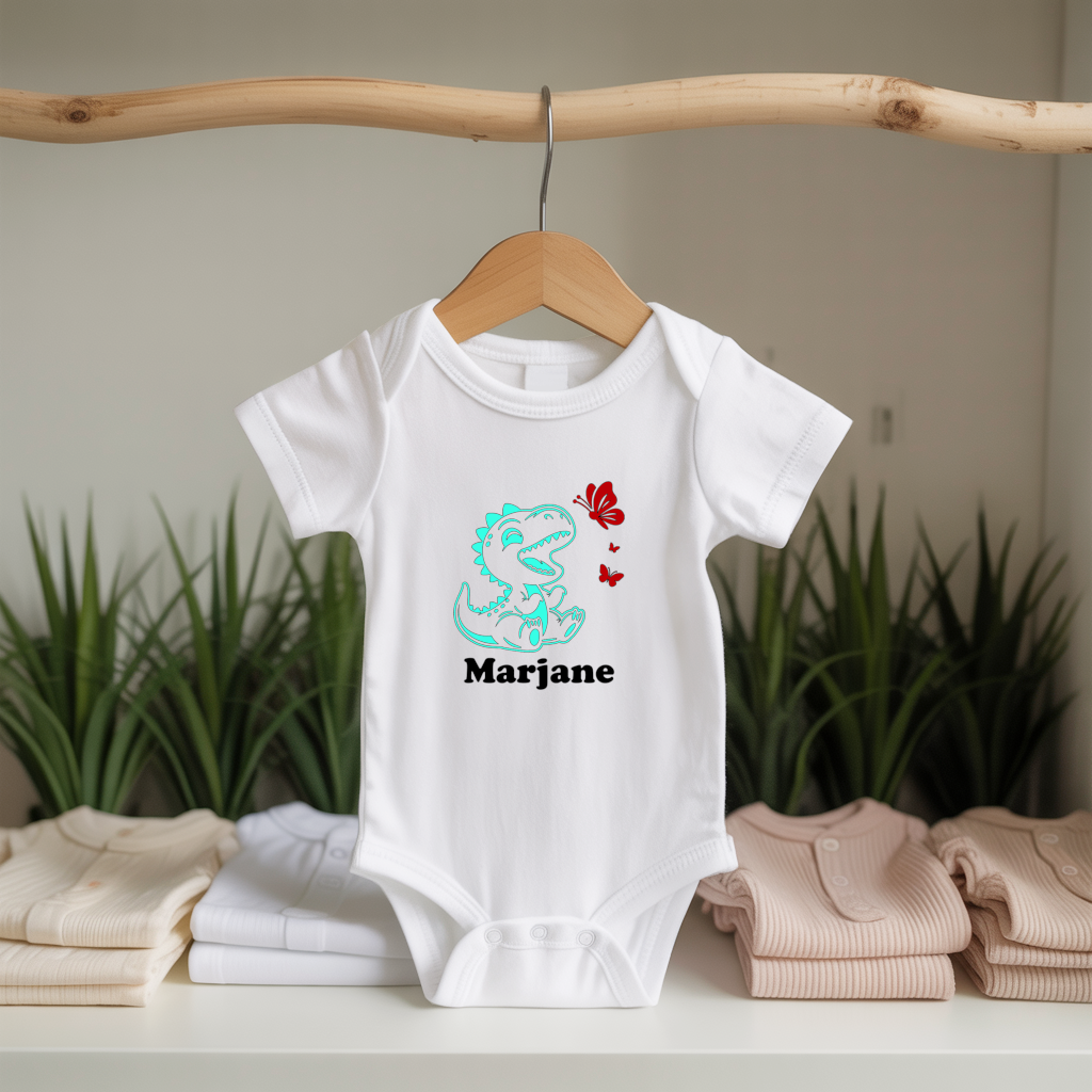 Body bébé personnalisable avec prénom et dinosaure et papillons flocage sur cintre - MARJANE et Cie
