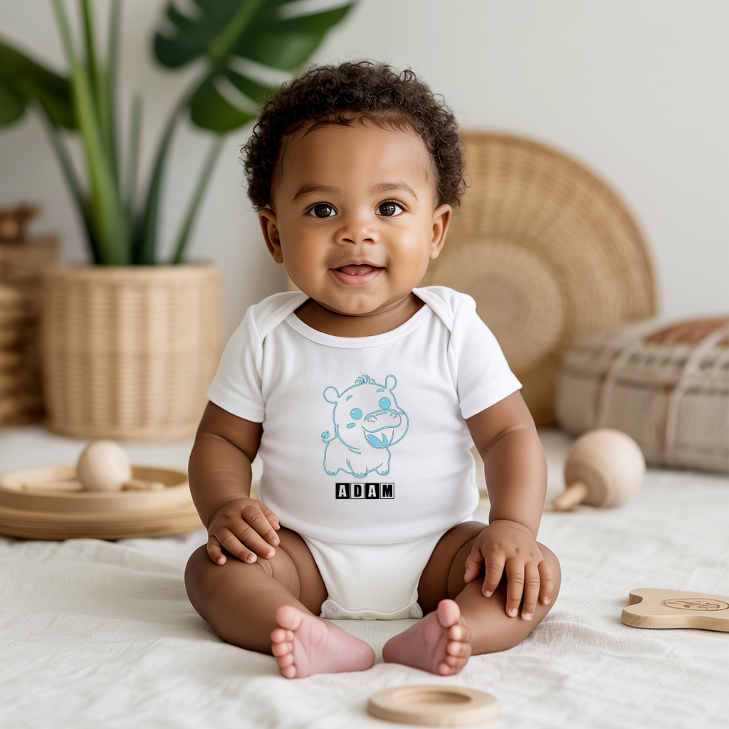 Body bébé personnalisé en coton hippopotame farceur porté par bébé - MARJANE et Cie
