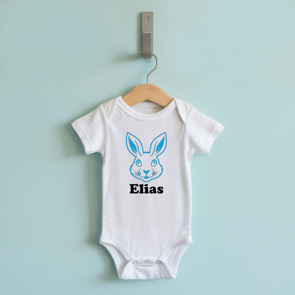Body bébé personnalisable blanc avec prénom et frimousse de lapin suspendu - MARJANE et Cie