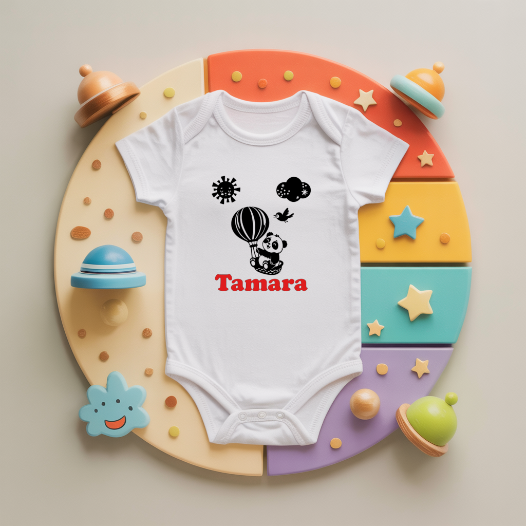 Body bébé personnalisé avec panda rêveur en montgolfière en coton par flocage - MARJANE et Cie