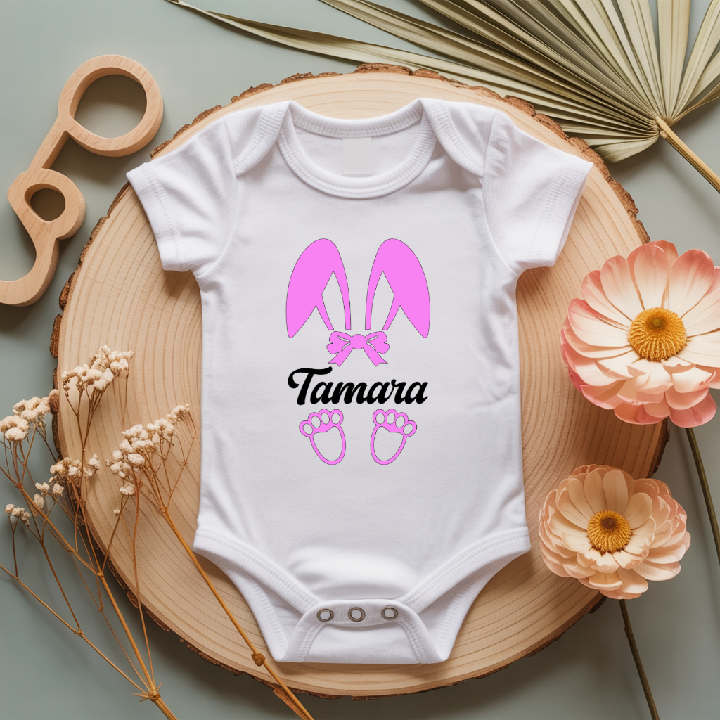 Body bébé personnalisé avec illustration d’un lapin aux grandes oreilles fille flocage couleur, cadeau naissance - MARJANE et Cie