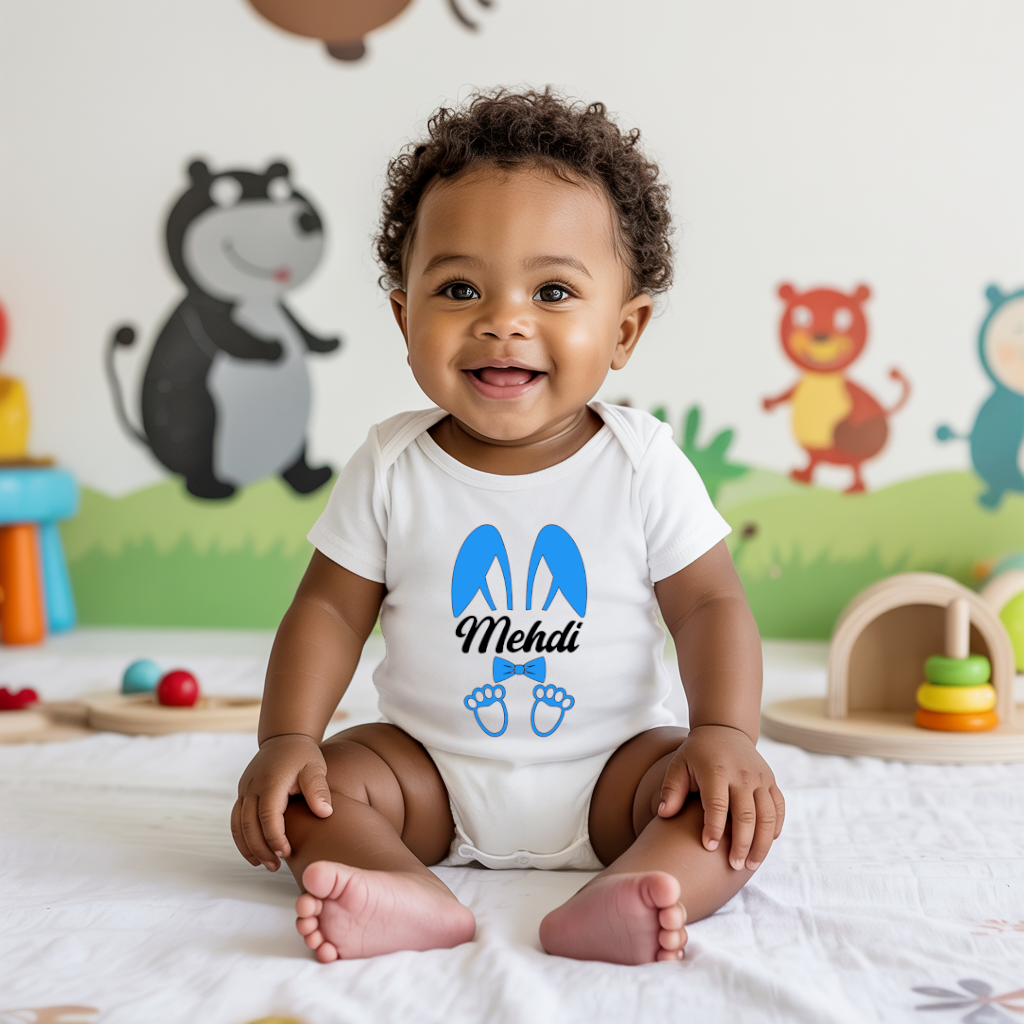 Body bébé personnalisé en coton lapin aux grandes oreilles garçon porté par bébé - MARJANE et Cie