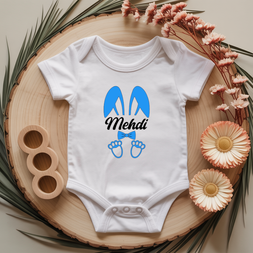 Body bébé personnalisé avec illustration d’un lapin aux grandes oreilles garçon flocage couleur, cadeau naissance - MARJANE et Cie