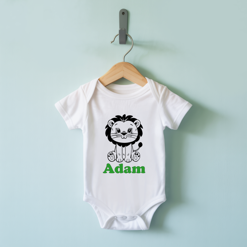 Body bébé personnalisable blanc avec prénom et lion fier suspendu - MARJANE et Cie