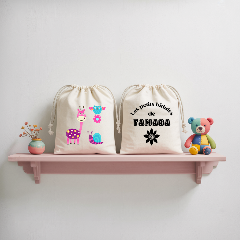 Sac pochon bébé personnalisable Girafe rayonnante et texte en coton avec flocage couleur, écoresponsable - MARJANE et Cie
