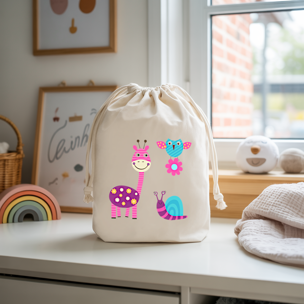 Sac pochon bébé personnalisable Girafe rayonnante en coton avec flocage, cadeau naissance- MARJANE et Cie