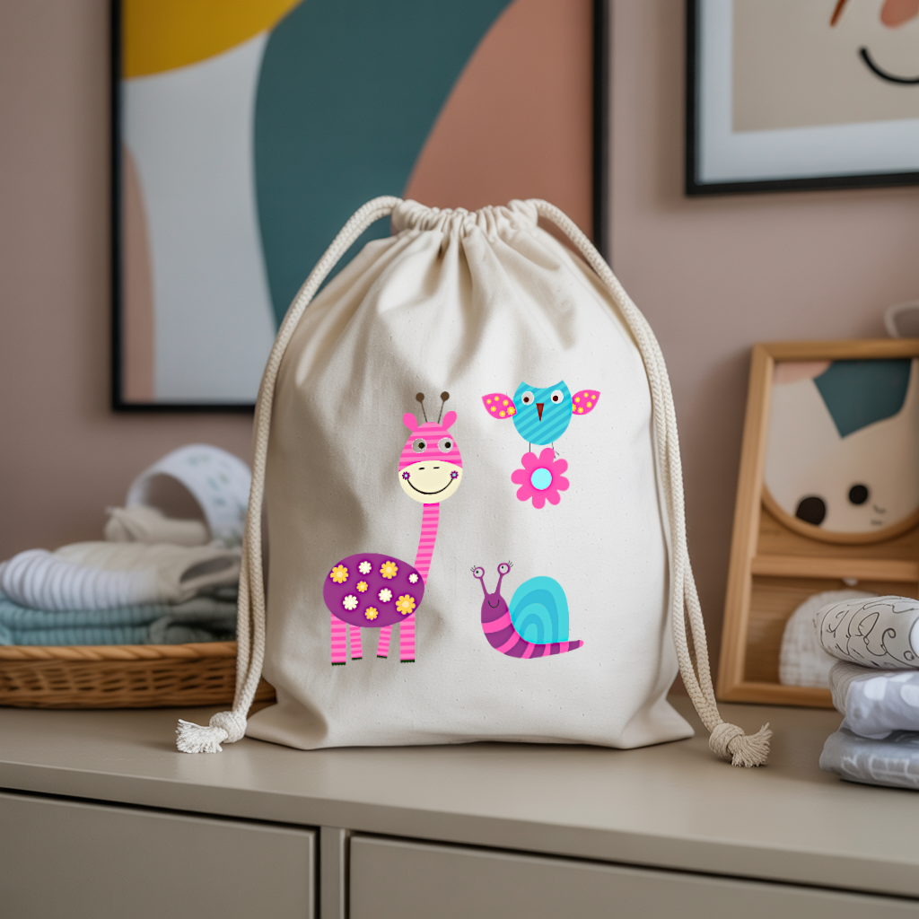 Sac pochon bébé personnalisé Girafe rayonnante en coton avec flocage couleur - MARJANE et Cie