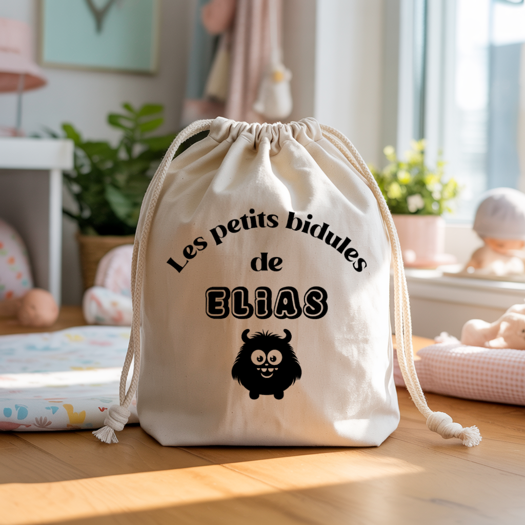 Sac pochon bébé personnalisable Girafe rayonnante face texte et monstre, coton, flocage couleur, cadeau naissance - MARJANE et Cie