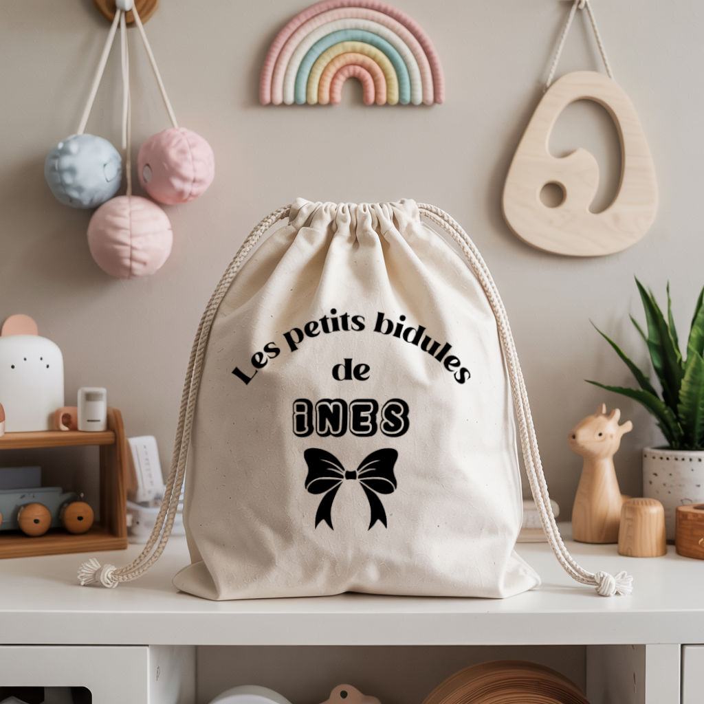 Sac pochon bébé personnalisé Eléphant joueur face prénom et nœud, coton, flocage couleur - MARJANE et Cie