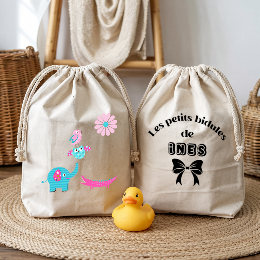 Sac pochon bébé personnalisé recto Eléphant joueur et verso prénom en coton avec flocage couleur - MARJANE et Cie