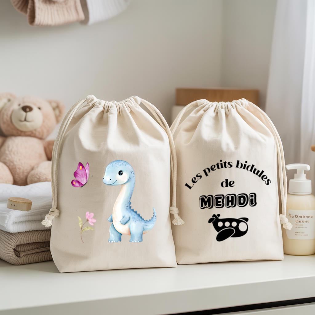 Sac pochon bébé personnalisable Dinosaure bleu émerveillé et texte en coton avec flocage couleur, écoresponsable - MARJANE et Cie