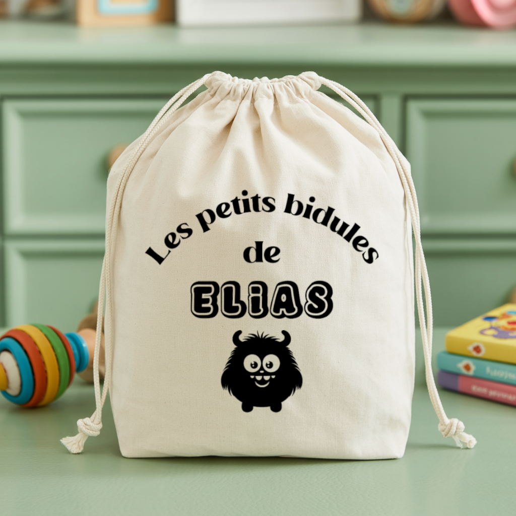 Sac pochon bébé personnalisé Dinosaure bleu émerveillé face prénom et monstre, coton, flocage couleur - MARJANE et Cie