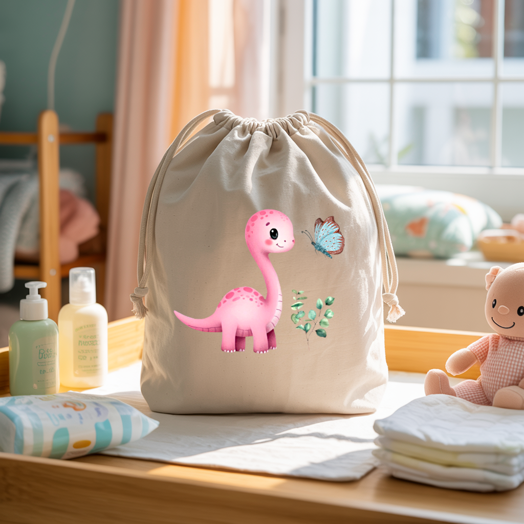Sac pochon bébé personnalisable Dinosaure rose émerveillé en coton avec flocage, cadeau naissance- MARJANE et Cie