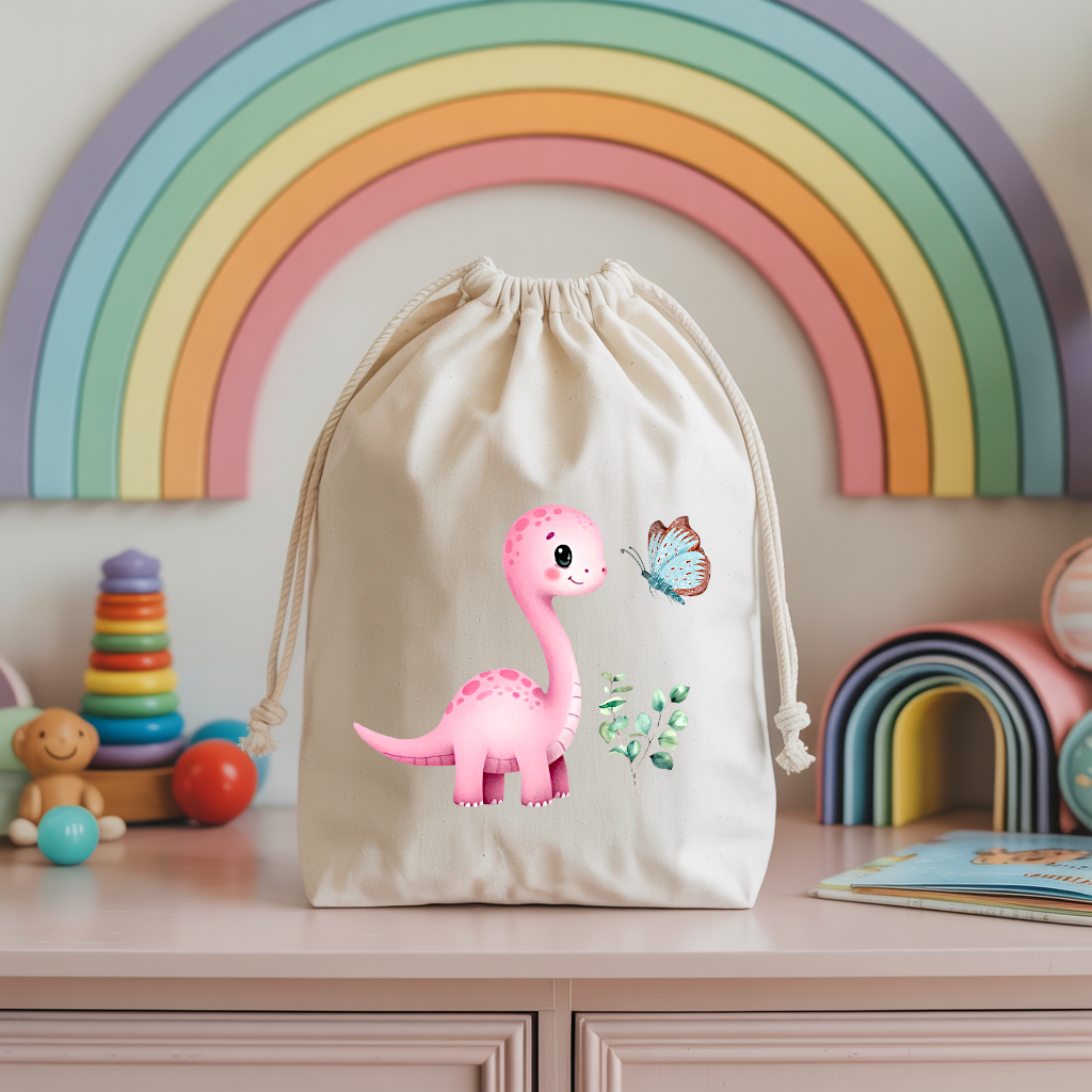 Sac pochon bébé personnalisé Dinosaure rose émerveillé en coton avec flocage couleur - MARJANE et Cie