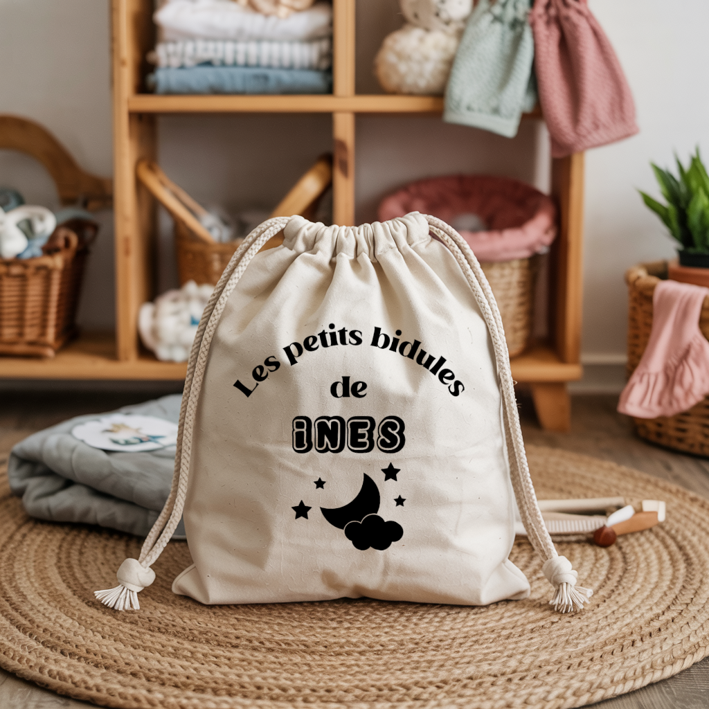 Sac pochon bébé personnalisé Dinosaure rose émerveillé face prénom et lune, coton, flocage couleur - MARJANE et Cie