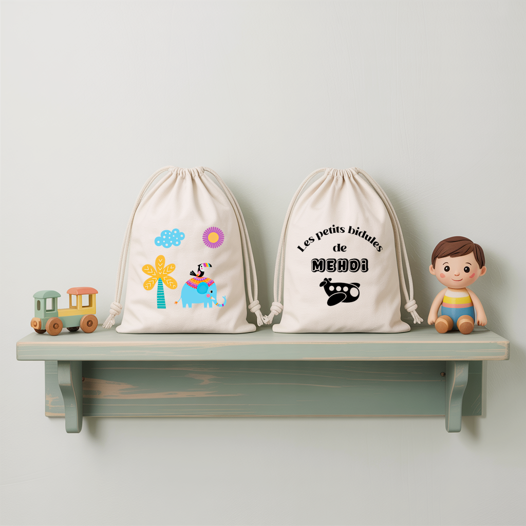Sac pochon bébé personnalisé face Eléphant bleu et toucan et face prénom en coton avec flocage, cadeau naissance - MARJANE et Cie