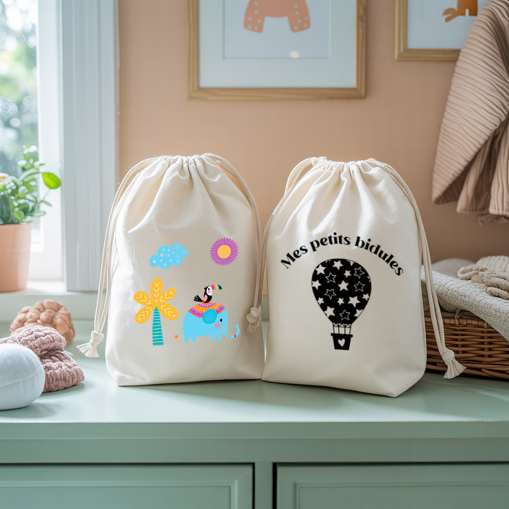 Sac pochon bébé personnalisable Eléphant bleu et toucan et texte en coton avec flocage couleur, écoresponsable - MARJANE et Cie