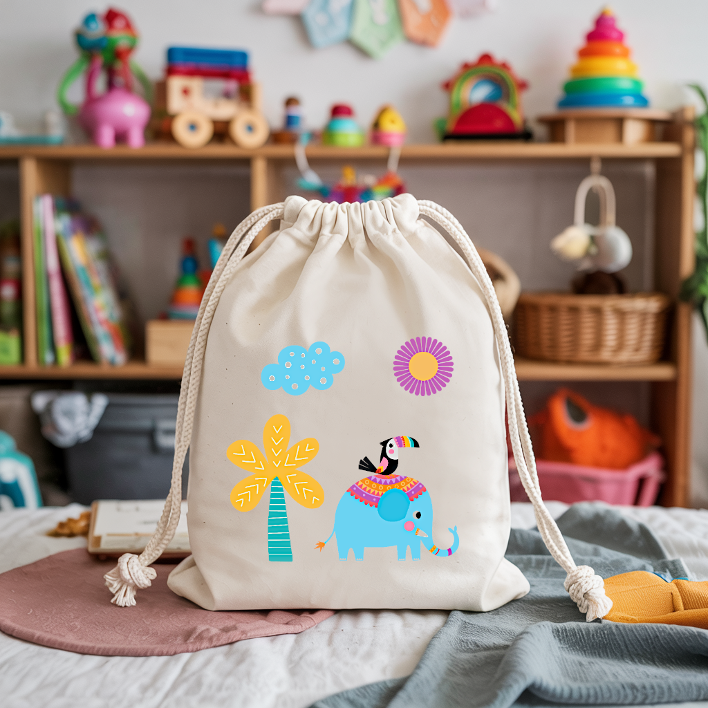 Sac pochon bébé personnalisable Eléphant bleu et toucan en coton avec flocage, cadeau naissance- MARJANE et Cie