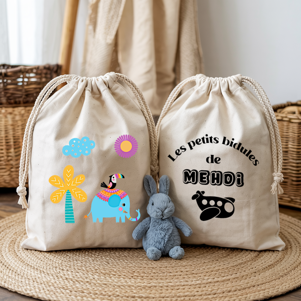 Sac pochon bébé personnalisé recto Eléphant bleu et toucan et verso prénom en coton avec flocage couleur - MARJANE et Cie