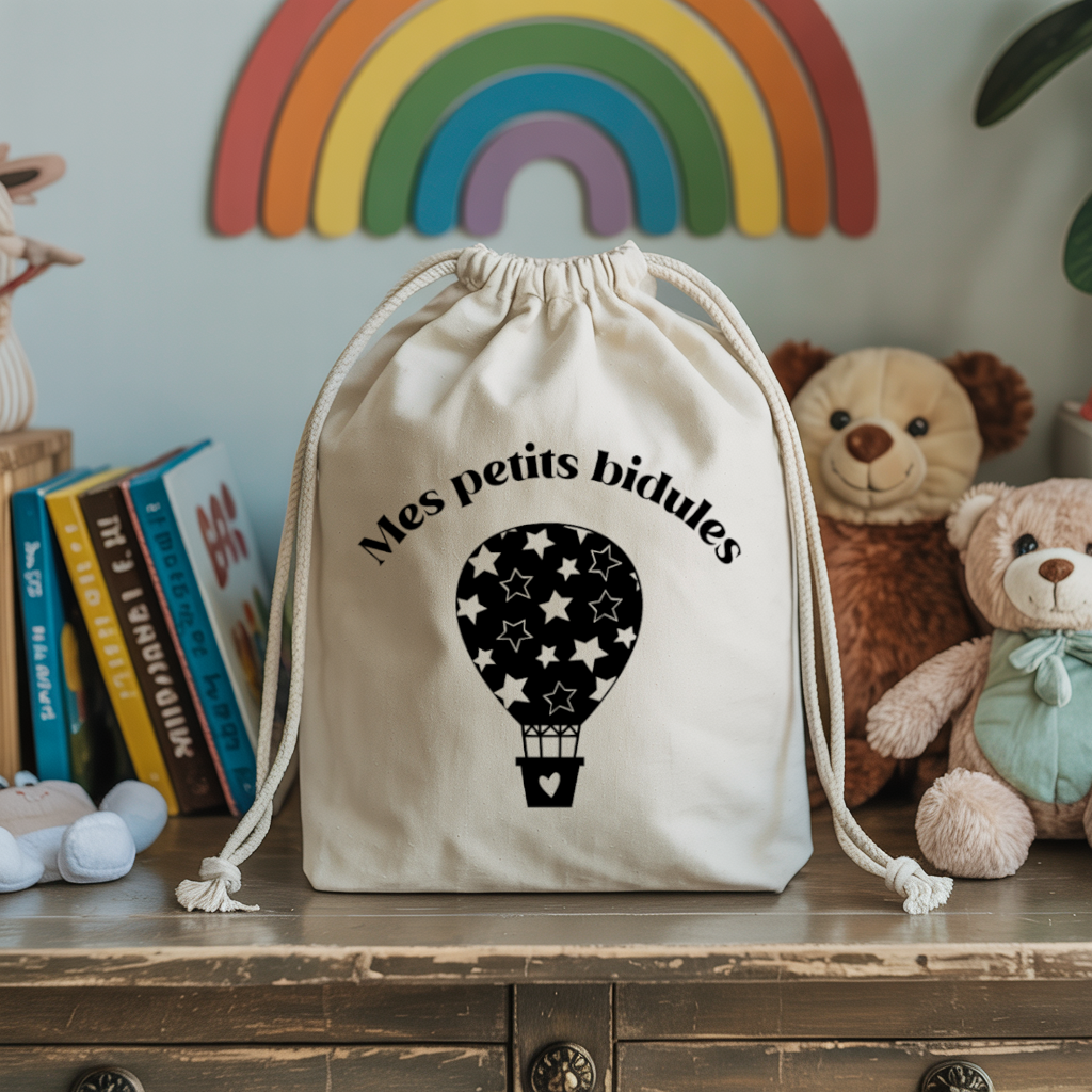 Sac pochon bébé personnalisable Eléphant bleu et toucan face texte et montgolfière, coton, flocage couleur, cadeau naissance - MARJANE et Cie