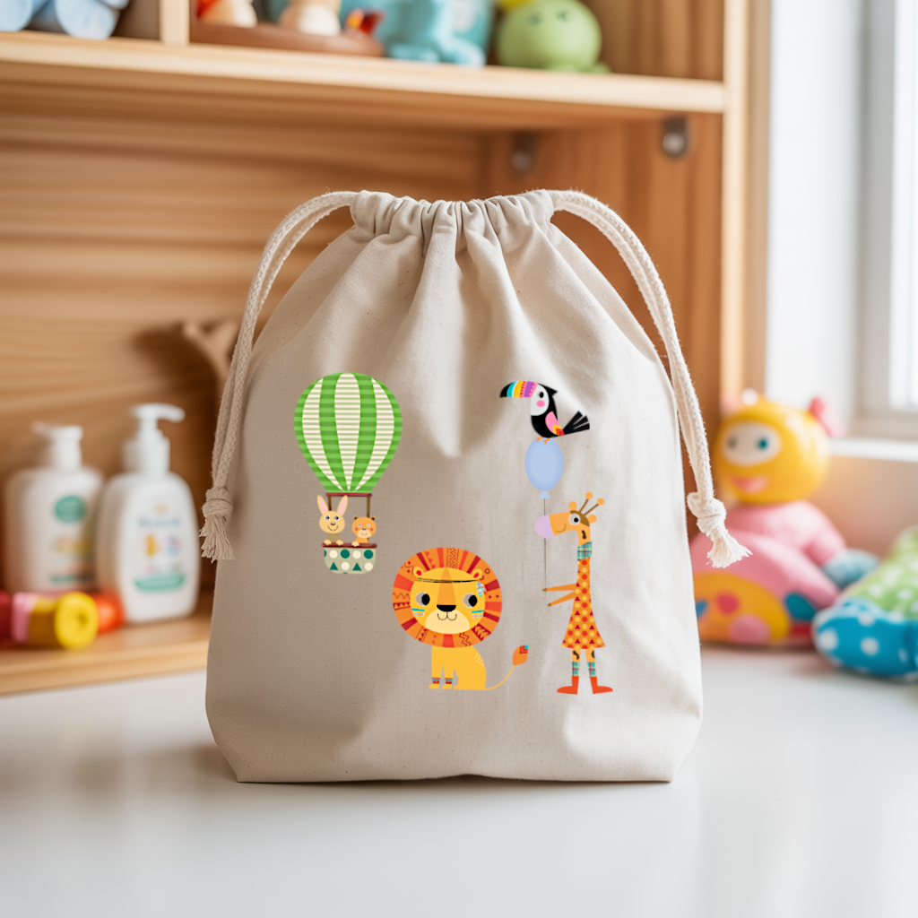 Sac pochon bébé personnalisable Lion et compagnie en coton avec flocage, cadeau naissance- MARJANE et Cie