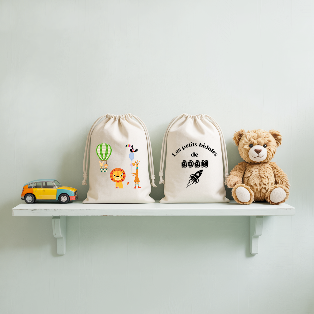 Sac pochon bébé personnalisable Lion et compagnie et texte en coton avec flocage couleur, écoresponsable - MARJANE et Cie