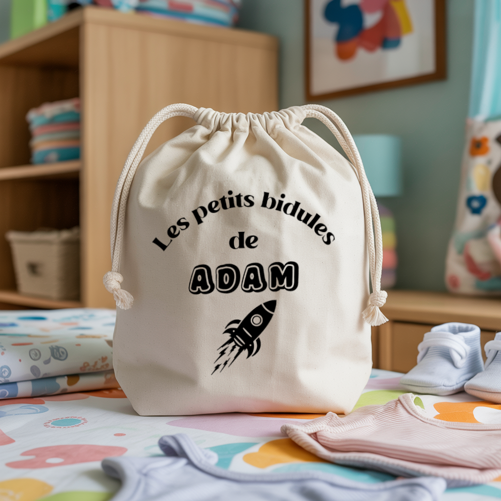 Sac pochon bébé personnalisable Lion et compagnie face texte et fusée, coton, flocage couleur, cadeau naissance - MARJANE et Cie