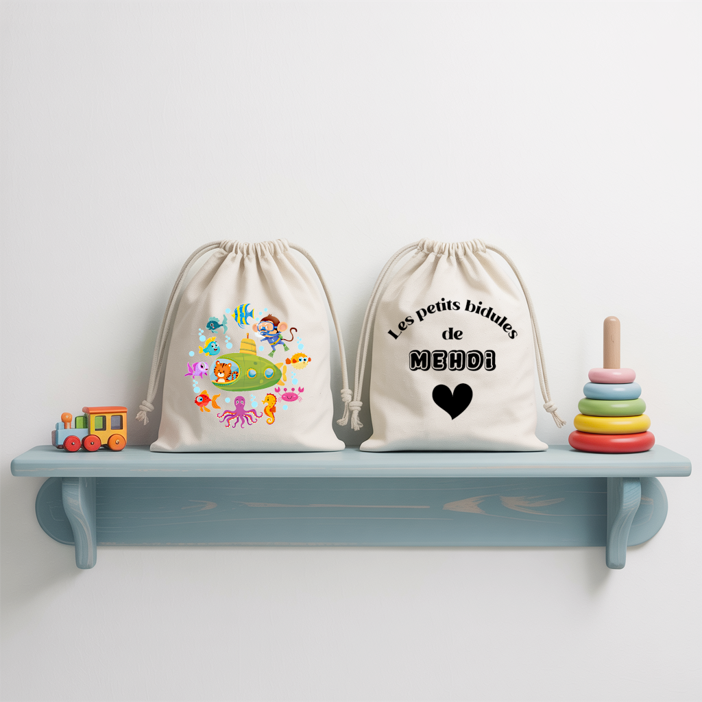 Sac pochon bébé personnalisable Tigre en eaux profondes et texte en coton avec flocage couleur, écoresponsable - MARJANE et Cie