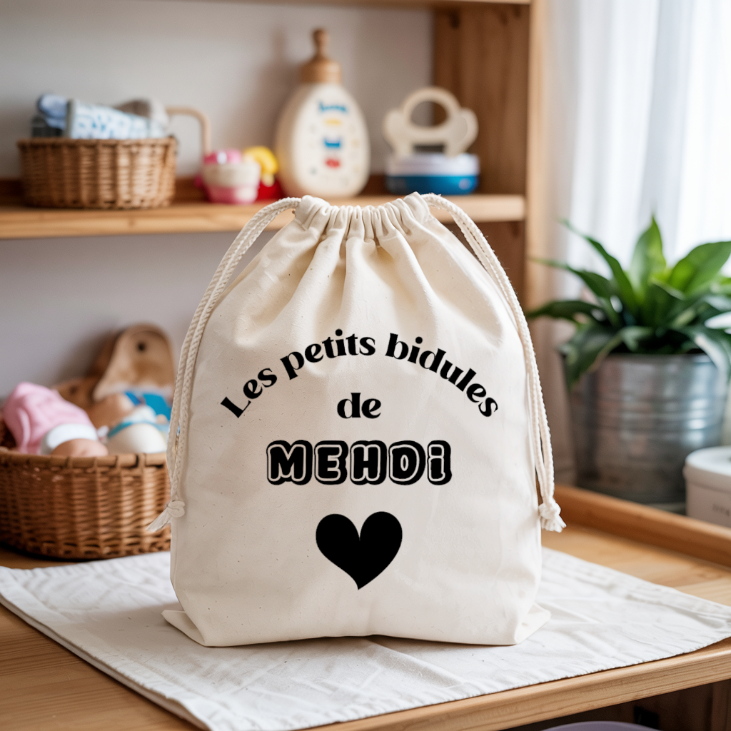 Sac pochon bébé personnalisé Tigre en eaux profondes face prénom et cœur, coton, flocage couleur - MARJANE et Cie