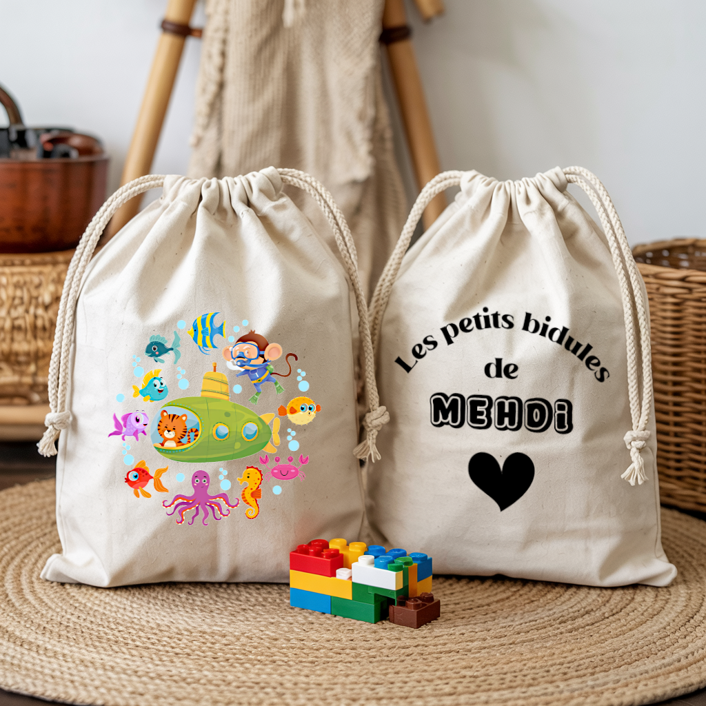 Sac pochon bébé personnalisé recto Tigre en eaux profondes et verso prénom en coton avec flocage couleur - MARJANE et Cie