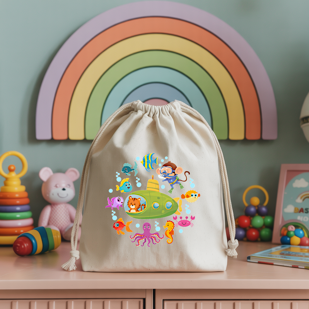 Sac pochon bébé personnalisable Tigre en eaux profondes en coton avec flocage, cadeau naissance- MARJANE et Cie