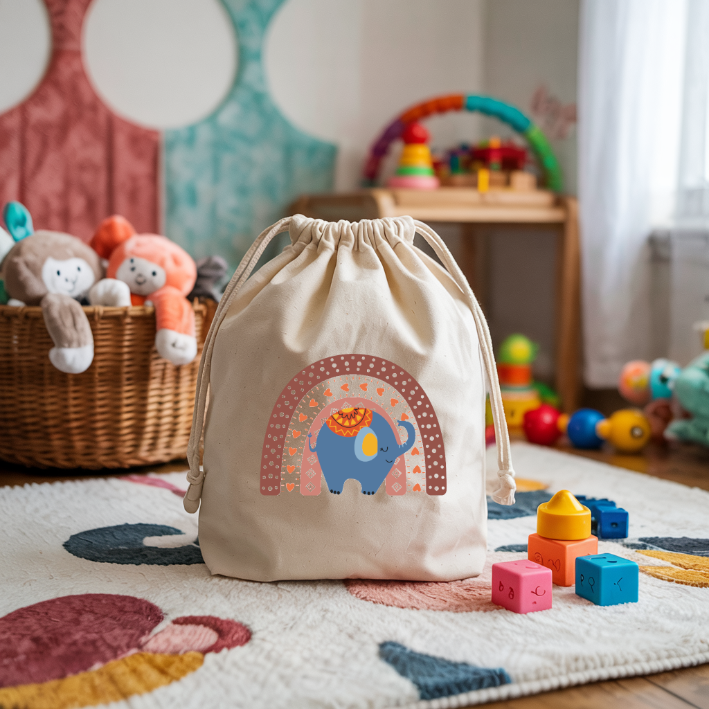 Sac pochon bébé personnalisable éléphant et arc en ciel en coton avec flocage, cadeau naissance- MARJANE et Cie
