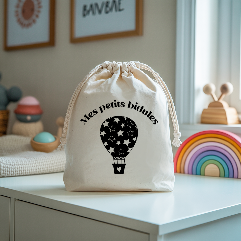 Sac pochon bébé personnalisable éléphant et arc en ciel face texte et montgolfière, coton, flocage couleur, cadeau naissance - MARJANE et Cie