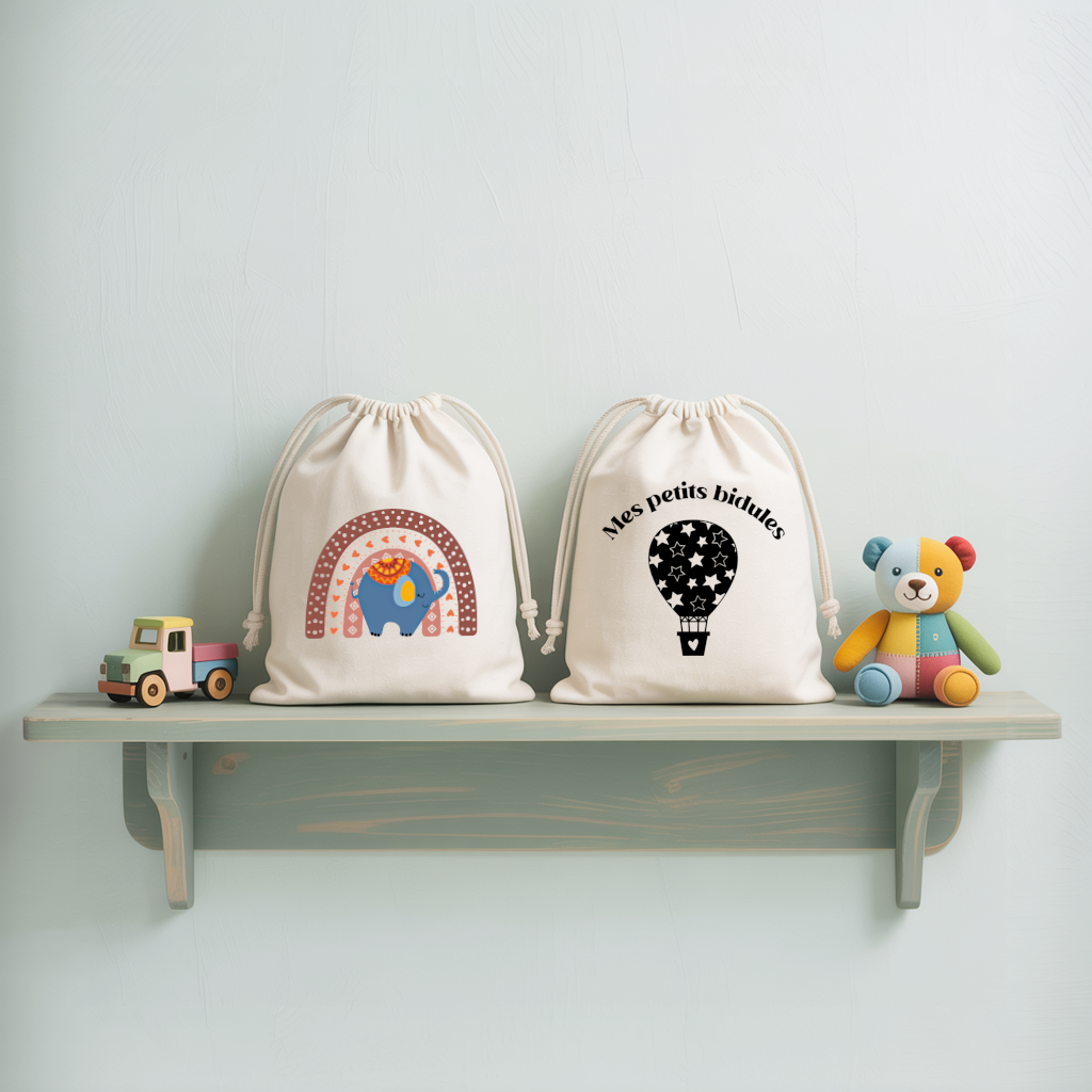 Sac pochon bébé personnalisable éléphant et arc en ciel et texte en coton avec flocage couleur, écoresponsable - MARJANE et Cie