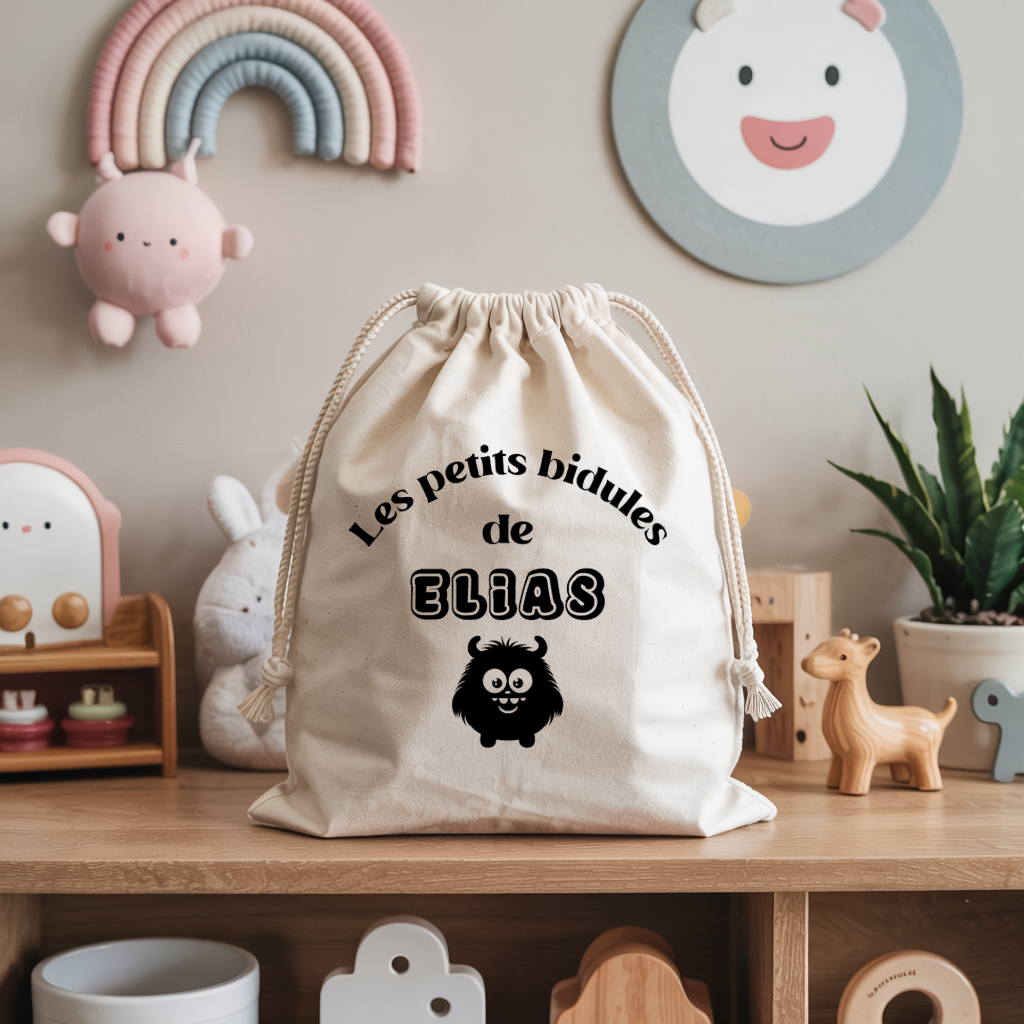 Sac pochon bébé personnalisé éléphant et arc en ciel face prénom et monstre, coton, flocage couleur - MARJANE et Cie